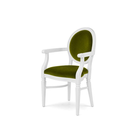 Classic white framed Chandelle armchair featuring deep moss green velvet.