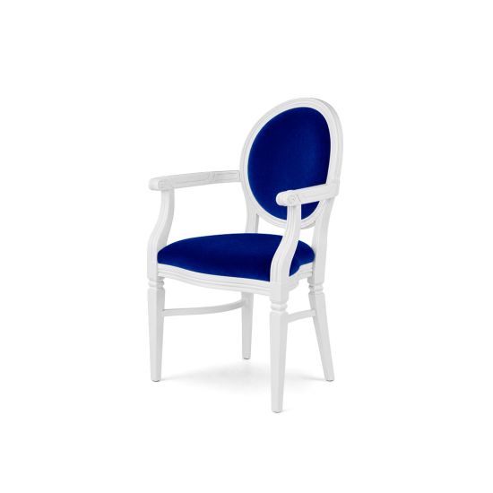 Stunning royal blue velvet Chandelle armchair supported by a carved white frame.