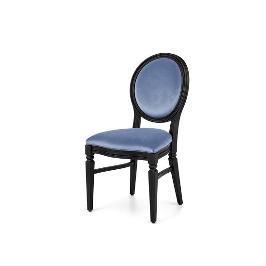 Chandelle chair with a black wood frame and velvet upholstered seat and backrest, elegant event seating for weddings, galas, corporate events, and luxury receptions.