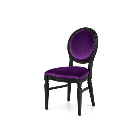 Chandelle chair with a black wood frame and velvet upholstered seat and backrest, elegant event seating for weddings, galas, corporate events, and luxury receptions.