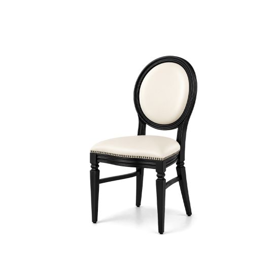 Black Chandelle chair with an oval backrest, black wood frame, and ivory leather cushions, elegant seating for weddings, galas, corporate events, and luxury receptions.