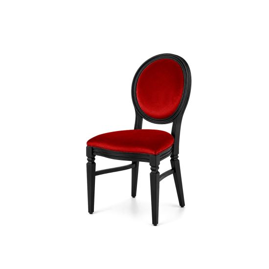 Chandelle chair with a black wood frame and velvet upholstered seat and backrest, elegant event seating for weddings, galas, corporate events, and luxury receptions.