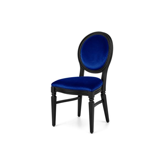 Chandelle chair with a black wood frame and velvet upholstered seat and backrest, elegant event seating for weddings, galas, corporate events, and luxury receptions.