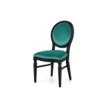 Chandelle chair with a black wood frame and velvet upholstered seat and backrest, elegant event seating for weddings, galas, corporate events, and luxury receptions.
