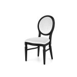 Chandelle chair with a black wood frame and velvet upholstered seat and backrest, elegant event seating for weddings, galas, corporate events, and luxury receptions.
