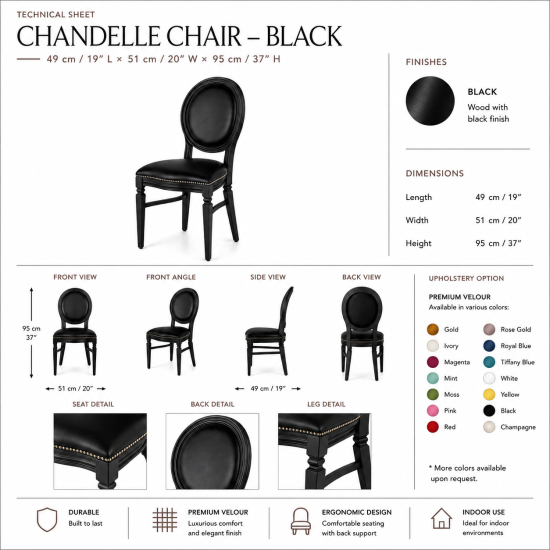 Chandelle chair with a black wood frame and velvet upholstered seat and backrest, elegant event seating for weddings, galas, corporate events, and luxury receptions.