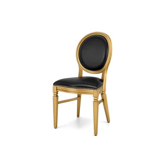 Gold Chandelle chair with an oval backrest, gold wood frame, and black leather upholstery, elegant seating for weddings, galas, corporate events, and luxury receptions.