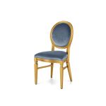 Gold Chandelle chair with an oval backrest, gold wood frame, and champagne velvet upholstery, elegant seating for weddings, galas, corporate events, and luxury receptions.