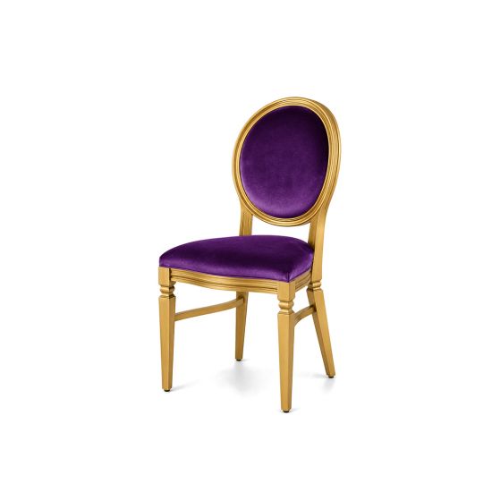 Gold Chandelle chair with an oval backrest, gold wood frame, and champagne velvet upholstery, elegant seating for weddings, galas, corporate events, and luxury receptions.