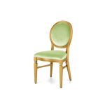 Gold Chandelle chair with an oval backrest, gold wood frame, and champagne velvet upholstery, elegant seating for weddings, galas, corporate events, and luxury receptions.
