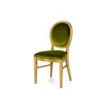 Gold Chandelle chair with an oval backrest, gold wood frame, and champagne velvet upholstery, elegant seating for weddings, galas, corporate events, and luxury receptions.