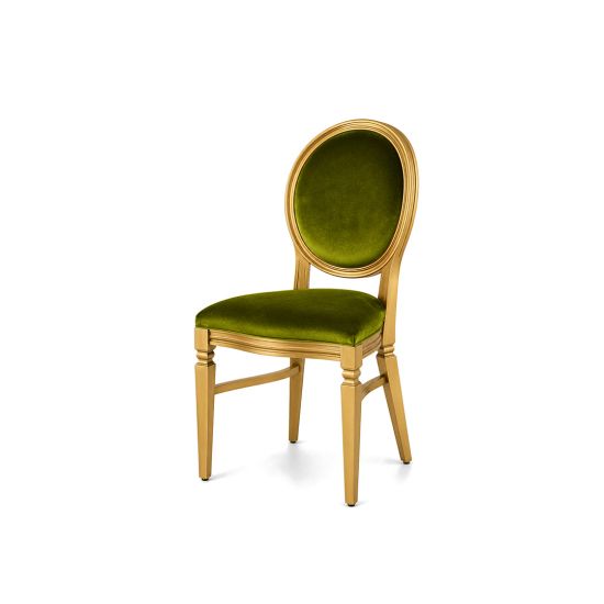Gold Chandelle chair with an oval backrest, gold wood frame, and champagne velvet upholstery, elegant seating for weddings, galas, corporate events, and luxury receptions.