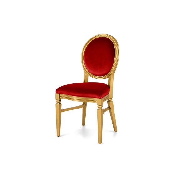 Gold Chandelle chair with an oval backrest, gold wood frame, and champagne velvet upholstery, elegant seating for weddings, galas, corporate events, and luxury receptions.