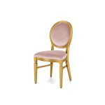 Gold Chandelle chair with an oval backrest, gold wood frame, and champagne velvet upholstery, elegant seating for weddings, galas, corporate events, and luxury receptions.