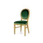 Gold Chandelle chair with an oval backrest, gold wood frame, and emerald green velvet upholstery, elegant seating for weddings, galas, corporate events, and luxury receptions.