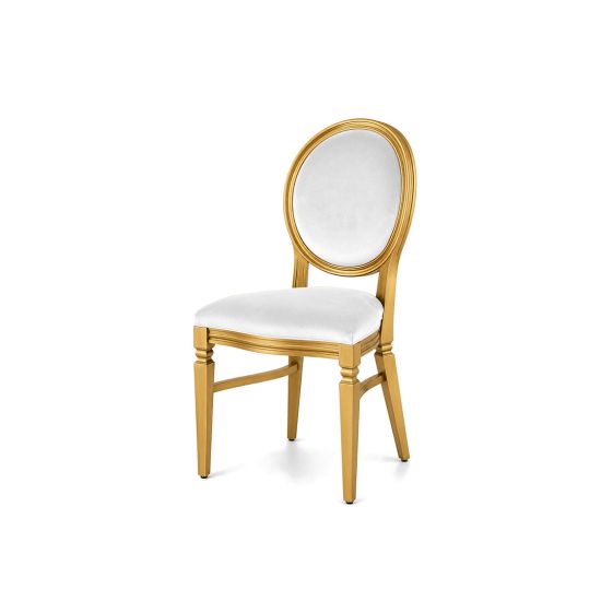 Gold Chandelle chair with an oval backrest, gold wood frame, and champagne velvet upholstery, elegant seating for weddings, galas, corporate events, and luxury receptions.