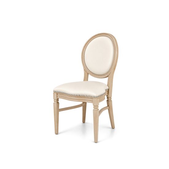 Silver wood Chandelle chair with an oval backrest and leather upholstery, elegant seating for weddings, gala dinners, corporate events, and luxury receptions.