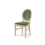 Natural wood Chandelle chair with oval backrest and velvet upholstery for weddings, gala dinners, corporate events, and luxury receptions.