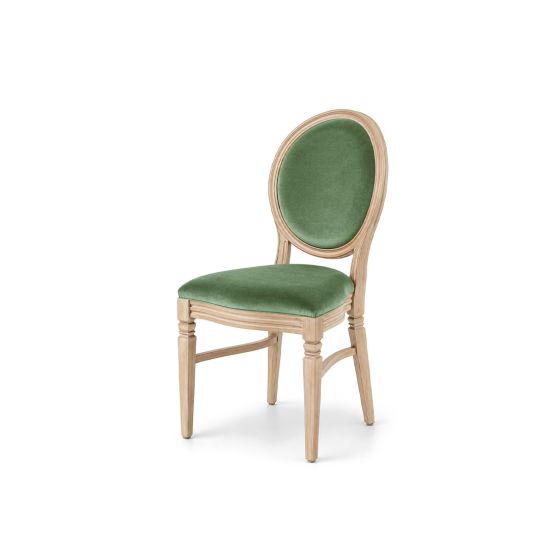 Natural wood Chandelle chair with oval backrest and velvet upholstery for weddings, gala dinners, corporate events, and luxury receptions.