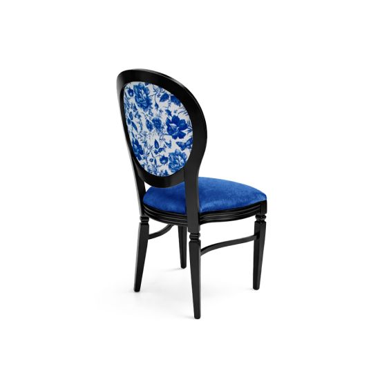 Black Chandelle chair with oval floral back in blue tones and blue upholstered seat, elegant vintage-style banquet chair for weddings and formal events