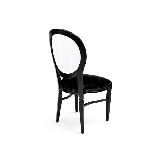 Black Chandelle chair with oval clear back and black seat, sleek vintage-style banquet chair for weddings and formal events