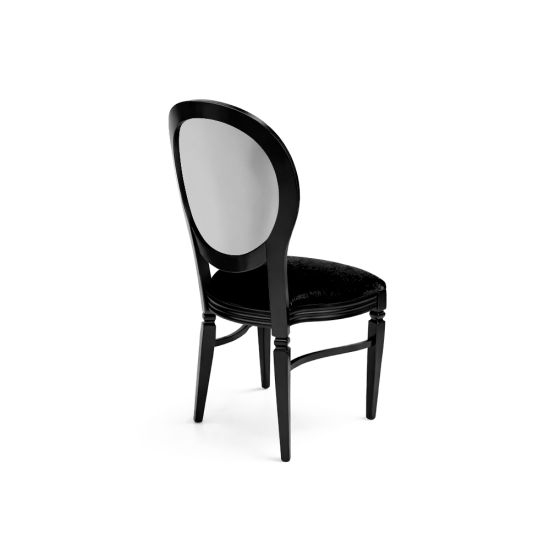 Black Chandelle chair with oval clear back and black upholstered seat, sleek vintage-style banquet chair for weddings and formal events