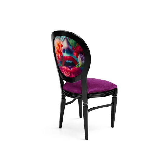 Black Chandelle chair featuring an oval patterned back in red and green tones with a purple upholstered seat, elegant vintage-style banquet chair for weddings and formal events