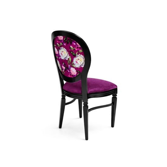 Black Chandelle chair featuring an oval patterned back in pink and white tones with a magenta upholstered seat, elegant vintage-style banquet chair for weddings and formal events