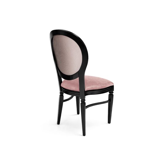 Black Chandelle chair with oval upholstered back and blush seat, elegant vintage-style banquet chair for weddings and formal events