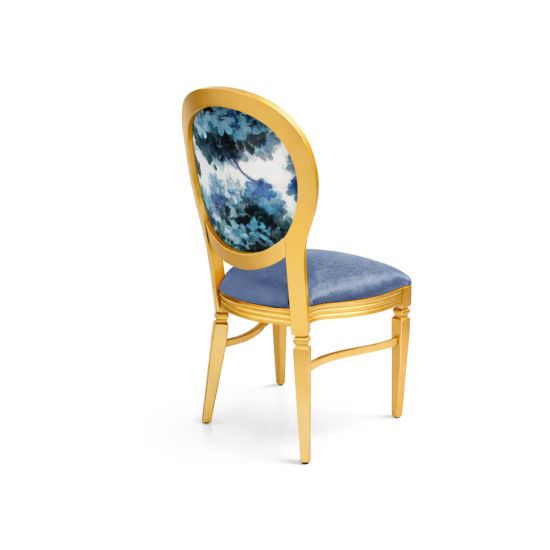 Gold Chandelle chair with oval floral back and blue upholstered seat, elegant vintage-style banquet chair for weddings and formal events
