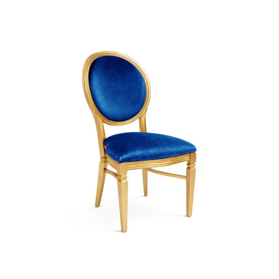 Gold Chandelle chair with oval floral back and blue upholstered seat, elegant vintage-style banquet chair for weddings and formal events