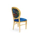 Gold Chandelle chair with oval floral back and blue upholstered seat, elegant vintage-style banquet chair for weddings and formal events