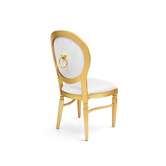 Gold Chandelle chair with oval clear back and light upholstered seat, elegant vintage-style banquet chair for weddings and formal events