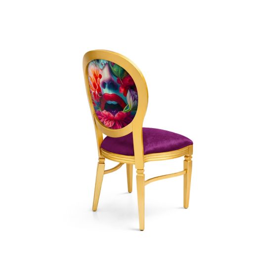 Gold Chandelle chair featuring an oval patterned back in red and green tones with a purple upholstered seat, elegant vintage-style banquet chair for weddings and formal events