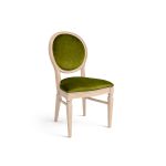 Natural Chandelle chair with oval floral back and green upholstered seat, elegant vintage-style banquet chair for weddings and formal events