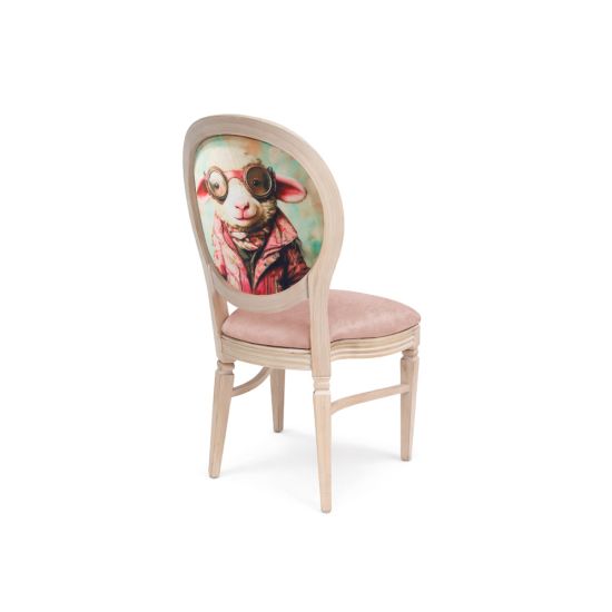 Natural Wood Chandelle chair featuring an oval floral back in red and green tones with a blush upholstered seat, elegant vintage-style banquet chair for weddings and formal events