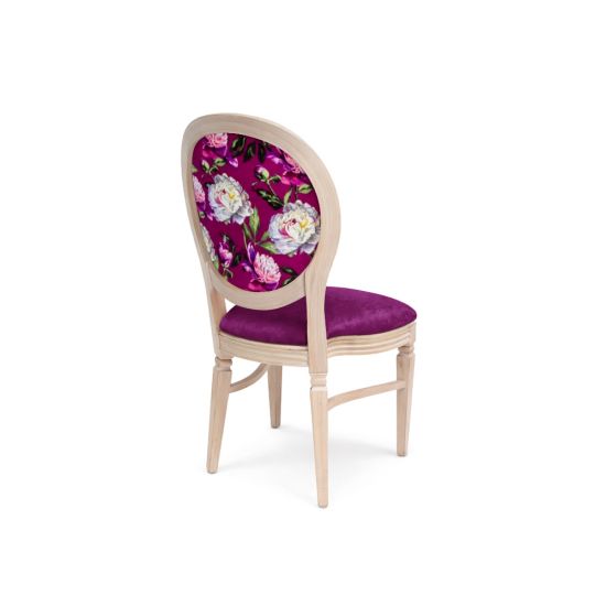 Natural Wood Chandelle chair featuring an oval patterned back in pink and white tones with a magenta upholstered seat, elegant vintage-style banquet chair for weddings and formal events