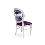 Silver Chandelle chair with oval floral back and purple upholstered seat, elegant vintage-style banquet chair for weddings and formal events