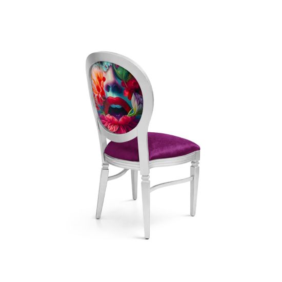 Silver Chandelle chair featuring an oval patterned back in red and green tones with a purple upholstered seat, elegant vintage-style banquet chair for weddings and formal events