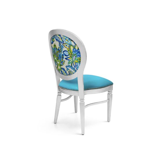 Silver Chandelle chair featuring an oval patterned back in green and blue tones with a teal upholstered seat, elegant vintage-style banquet chair for weddings and formal events