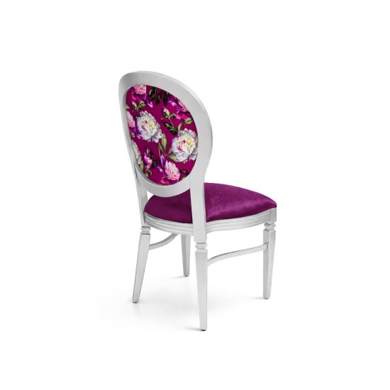 Silver Chandelle chair featuring an oval patterned back in pink and white tones with a magenta upholstered seat, elegant vintage-style banquet chair for weddings and formal events