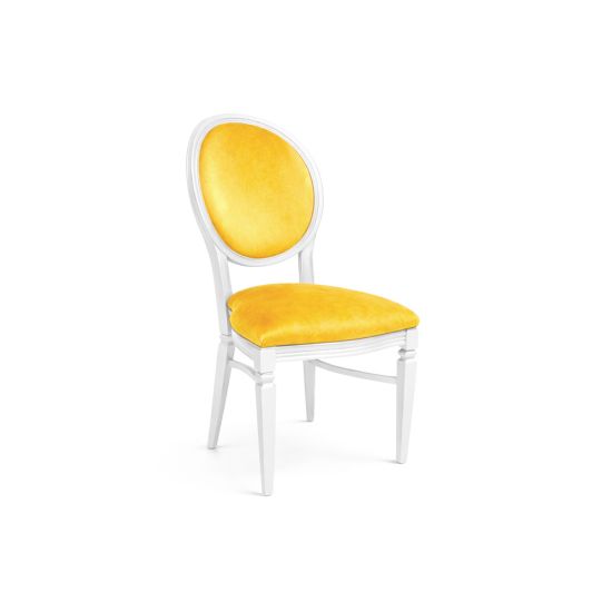 White Chandelle chair with oval floral back in blue and yellow tones and yellow upholstered seat, elegant vintage-style banquet chair for weddings and formal events