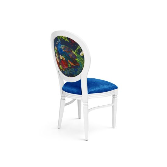 White dining chair with blue velvet seat and oval backrest featuring colorful peacock design for luxury wedding and event seating