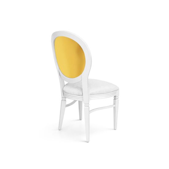 White Chandelle chair featuring an oval upholstered back in yellow with a matching yellow seat, elegant vintage-style banquet chair for weddings and formal events