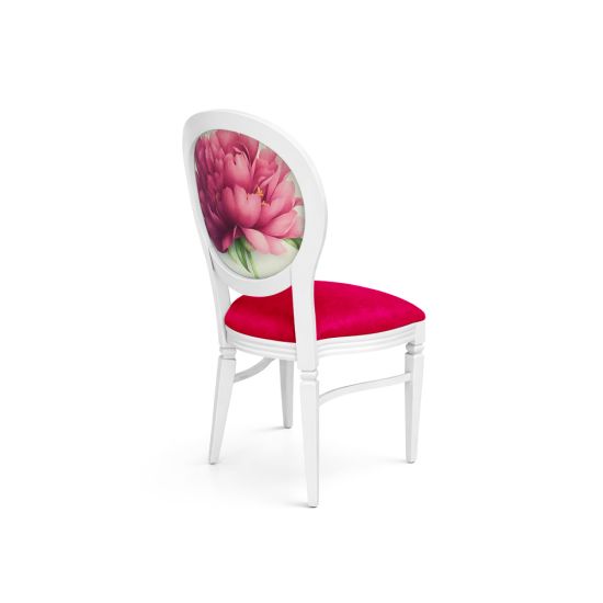 White dining chair with red velvet seat and oval backrest featuring pink peony floral design for elegant wedding and event seating