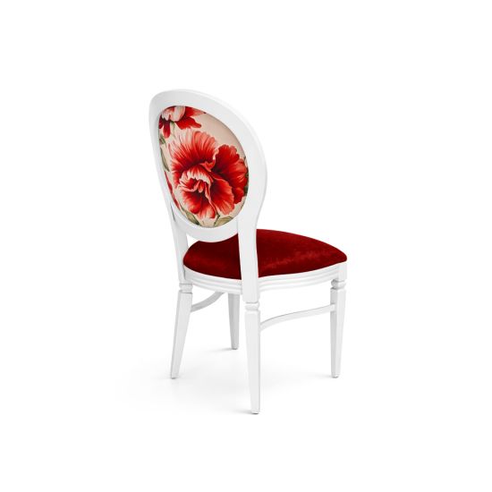 White dining chair with red velvet seat and oval backrest featuring scarlet floral design for luxury wedding and event seating