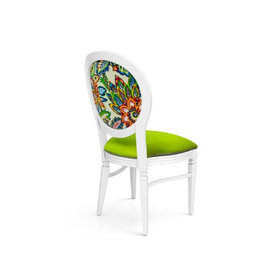 White Chandelle chair featuring an oval patterned back in green and orange tones with a lime green upholstered seat, elegant vintage-style banquet chair for weddings and formal events
