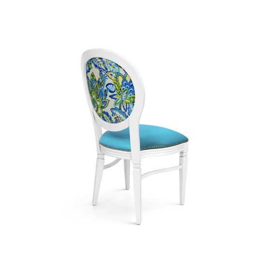 White Chandelle chair featuring an oval patterned back in green and blue tones with a teal upholstered seat, elegant vintage-style banquet chair for weddings and formal events