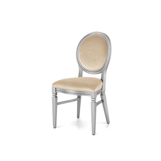 Silver wood Chandelle chair with an oval backrest and velvet upholstery, elegant seating for weddings, gala dinners, corporate events, and luxury receptions.