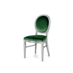 Silver wood Chandelle chair with an oval backrest and velvet upholstery, elegant seating for weddings, gala dinners, corporate events, and luxury receptions.